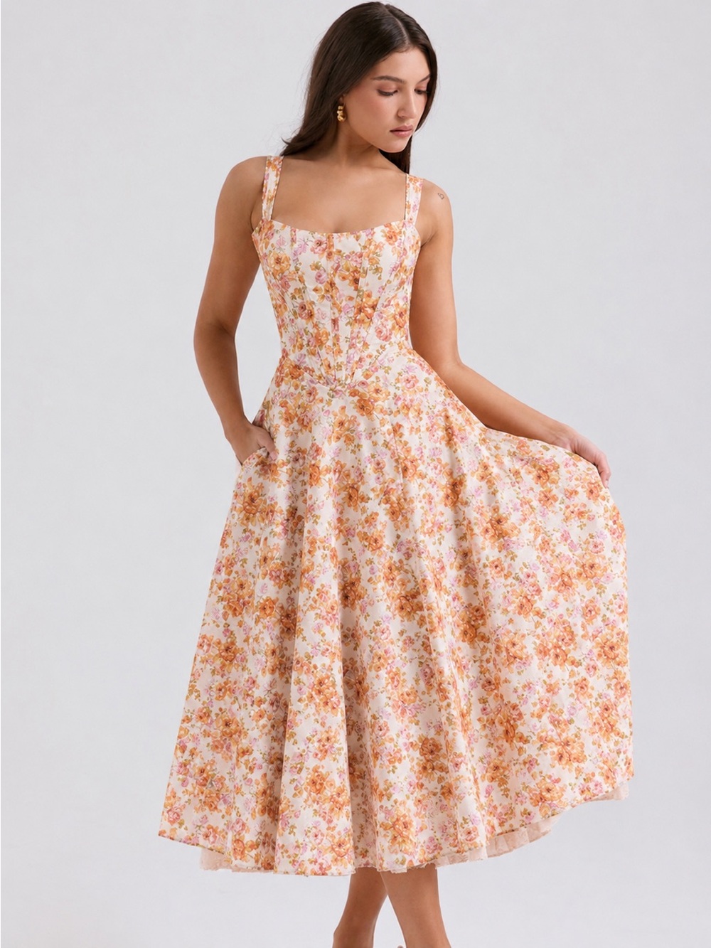 House of CB Saira Ivory Floral Print Corset Midi Dress XS SB9019A New